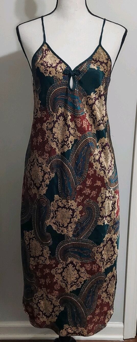 Vtg Inner Most Dark Paisley Jewel Tones Nightgown Lingerie Dress Keyhole 90s XS
